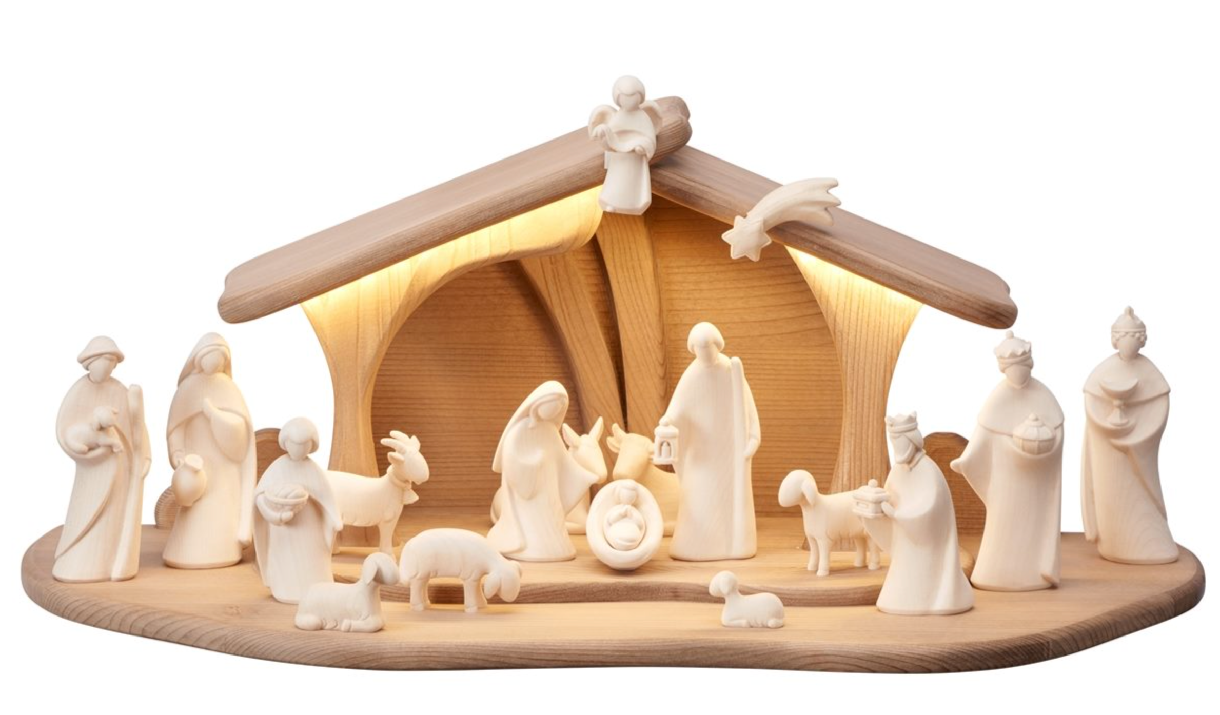 NOVU Nogal — Belén artesanal con luz, 18 figuras, madera de nogal.