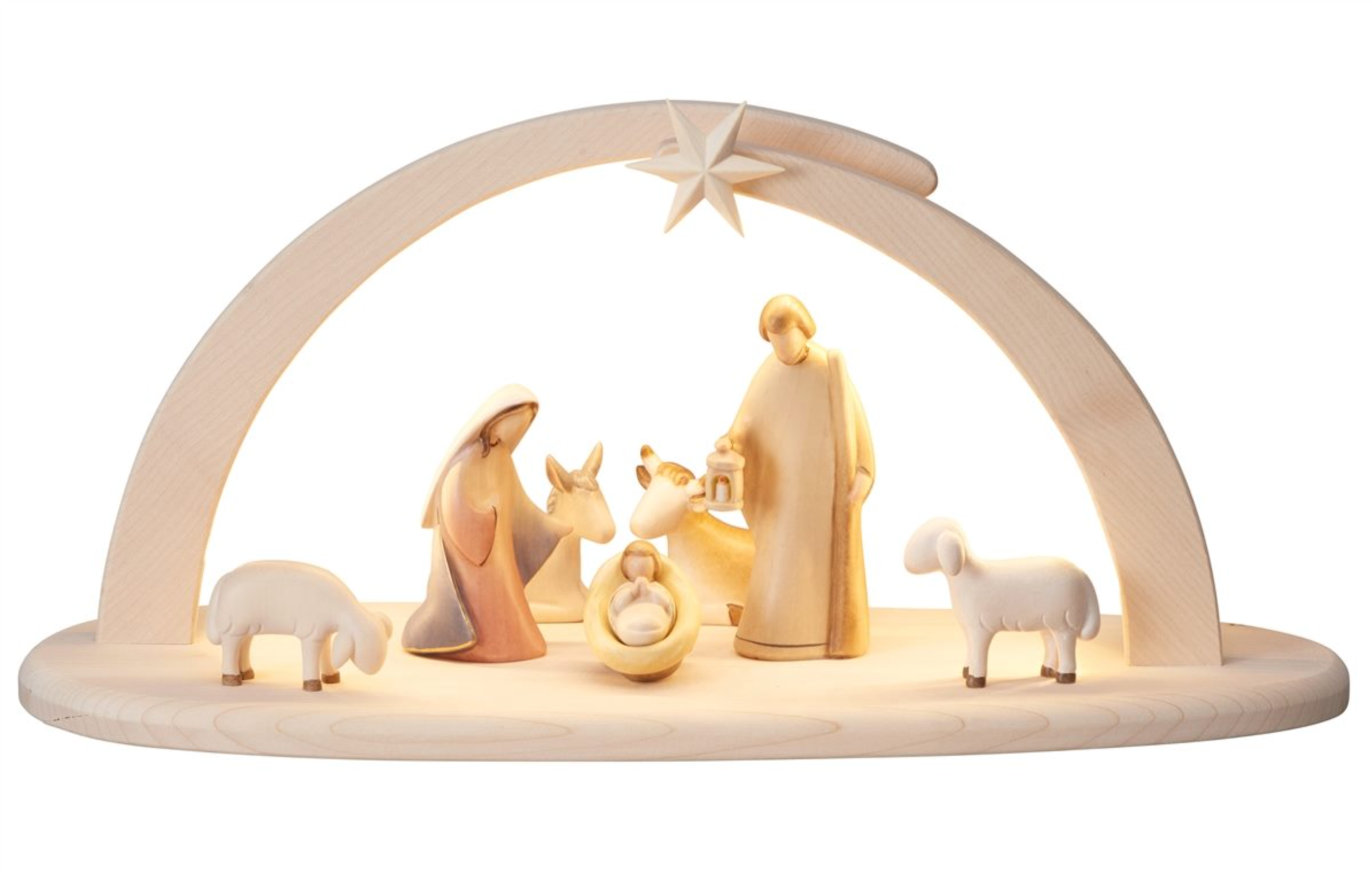 NOVU Nogal — Belén artesanal con luz, 7 figuras color, arco de madera