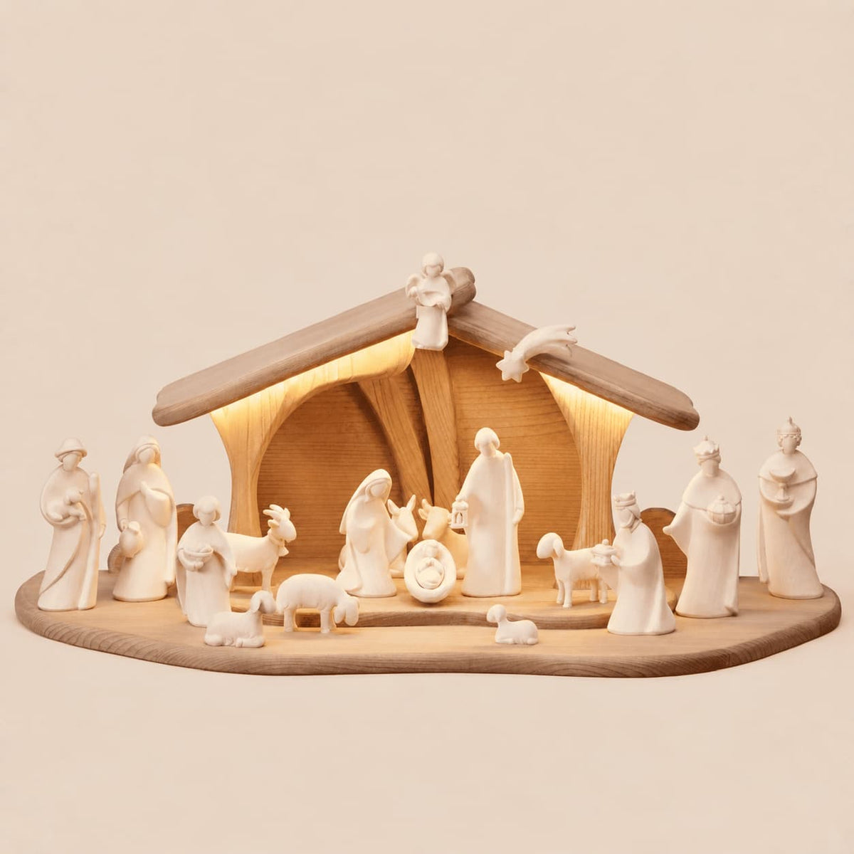 Crèche de Noël moderne en bois avec lumière – 18 figurines, bois naturel