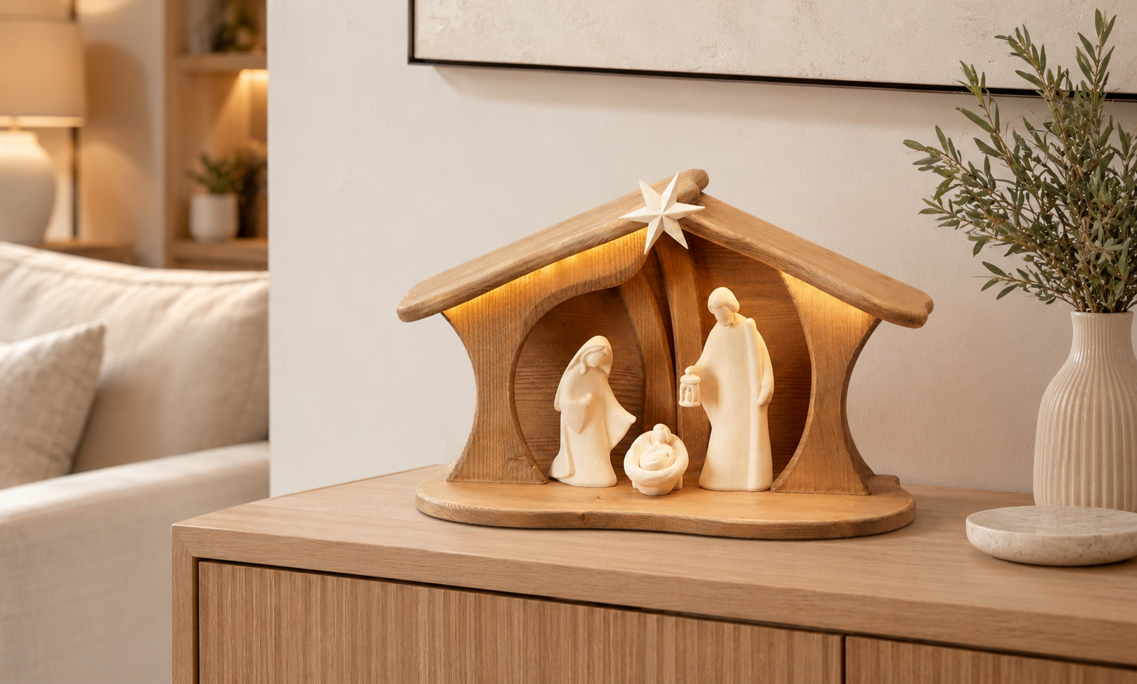 NOVU Nogal — Belén artesanal con luz, 3 figuras, madera de nogal.