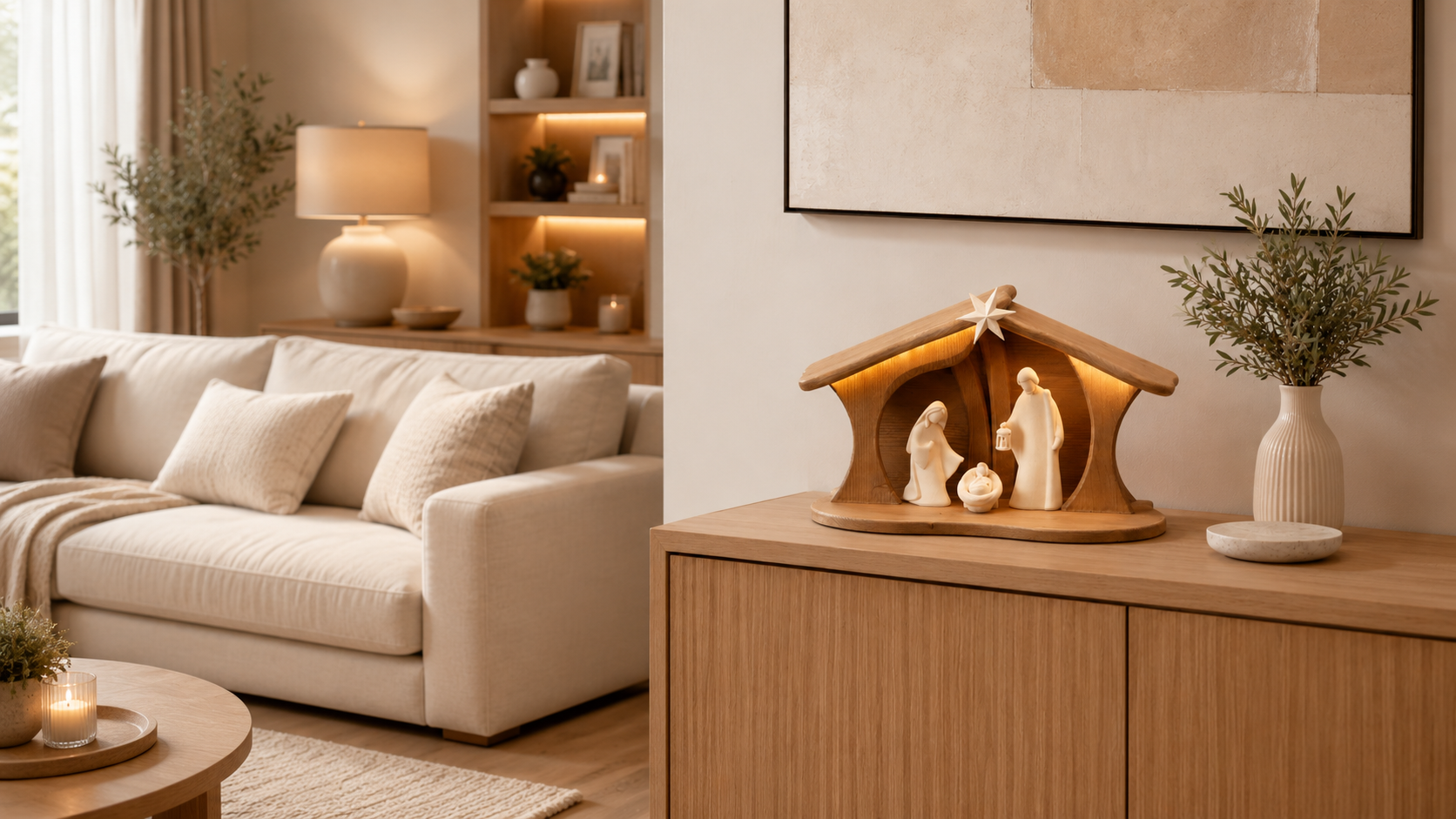 NOVU Nogal — Belén artesanal con luz, 3 figuras, madera de nogal.