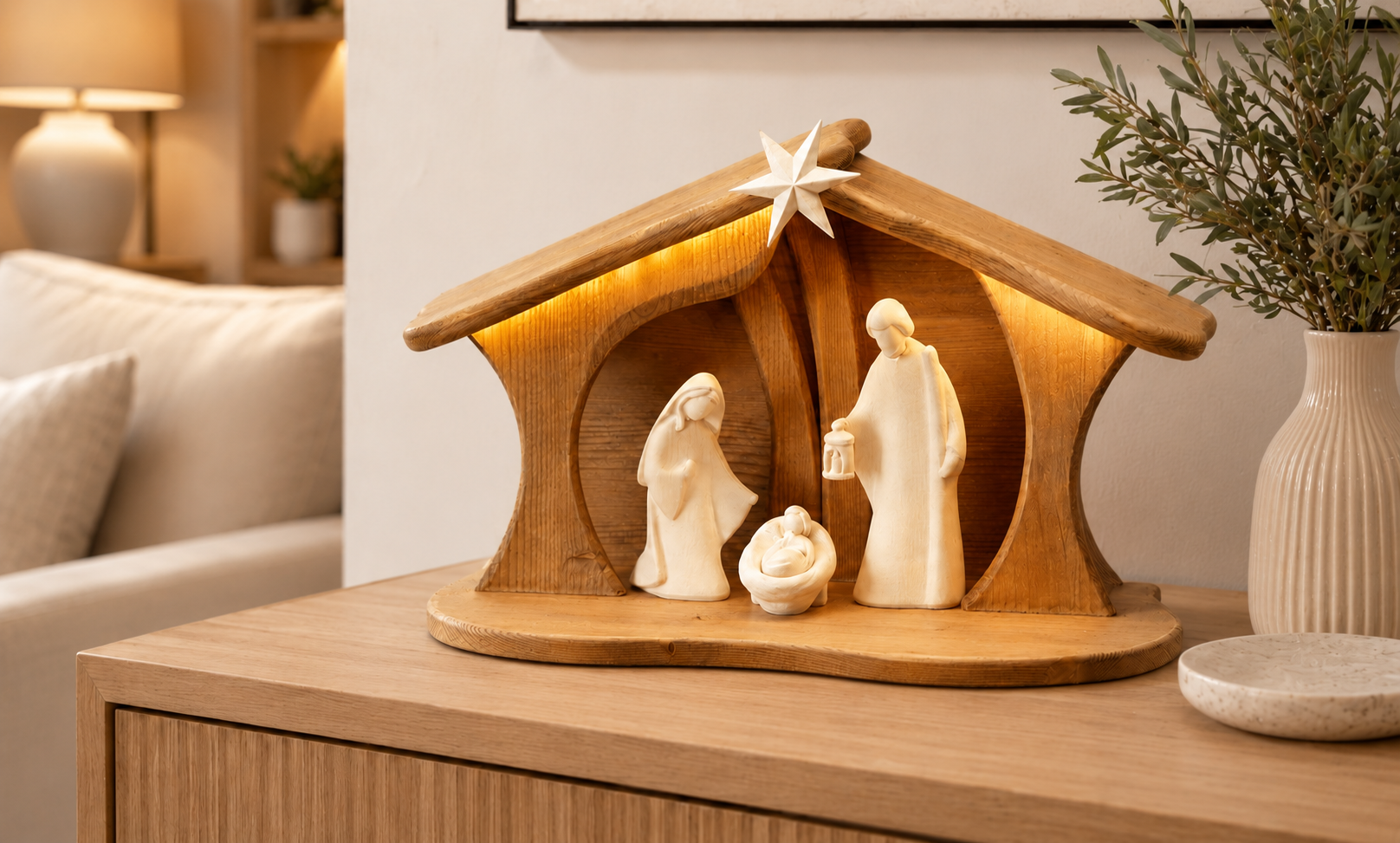 NOVU Nogal — Belén artesanal con luz, 3 figuras, madera de nogal.