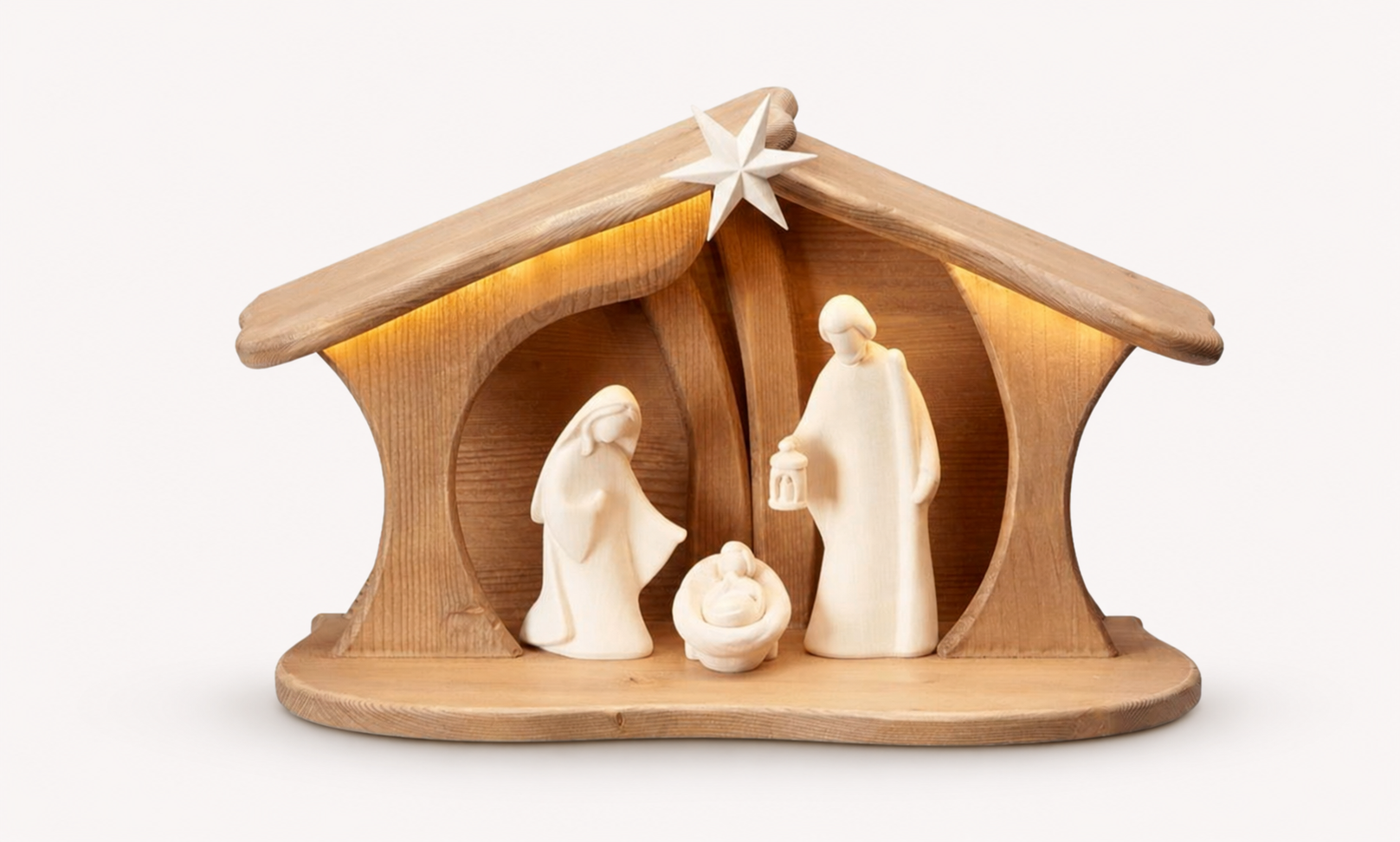 NOVU Nogal — Belén artesanal con luz, 3 figuras, madera de nogal.
