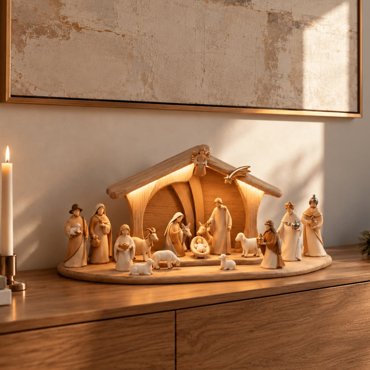 Crèche de Noël moderne en bois avec lumière – 18 figurines, peintes à la main