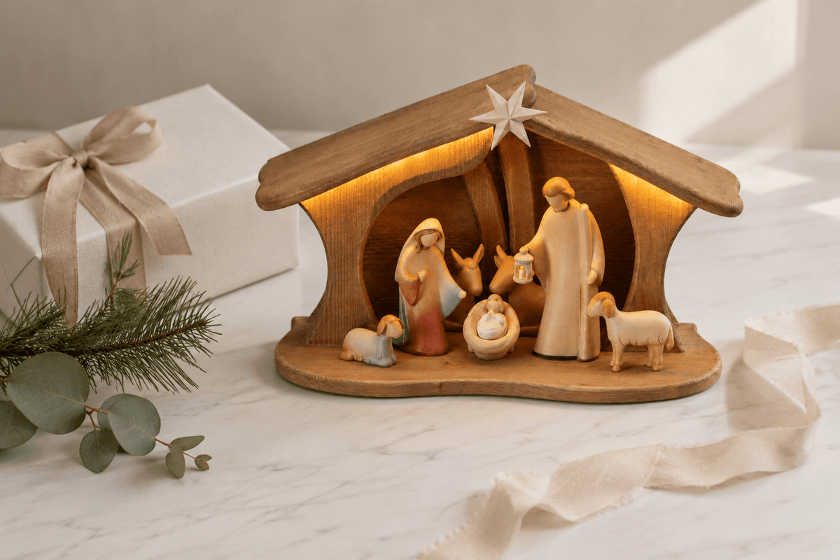 Ideas de regalo de Navidad con belén artesanal de madera de nogal
