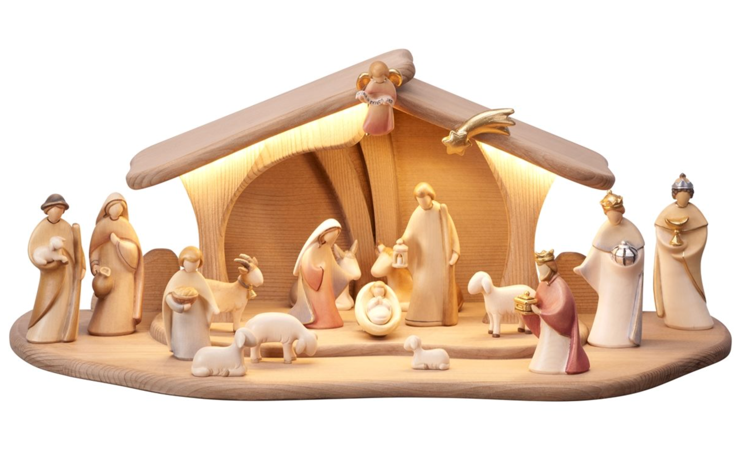 NOVU Nogal — Belén artesanal con luz, 18 figuras color, madera de nogal.