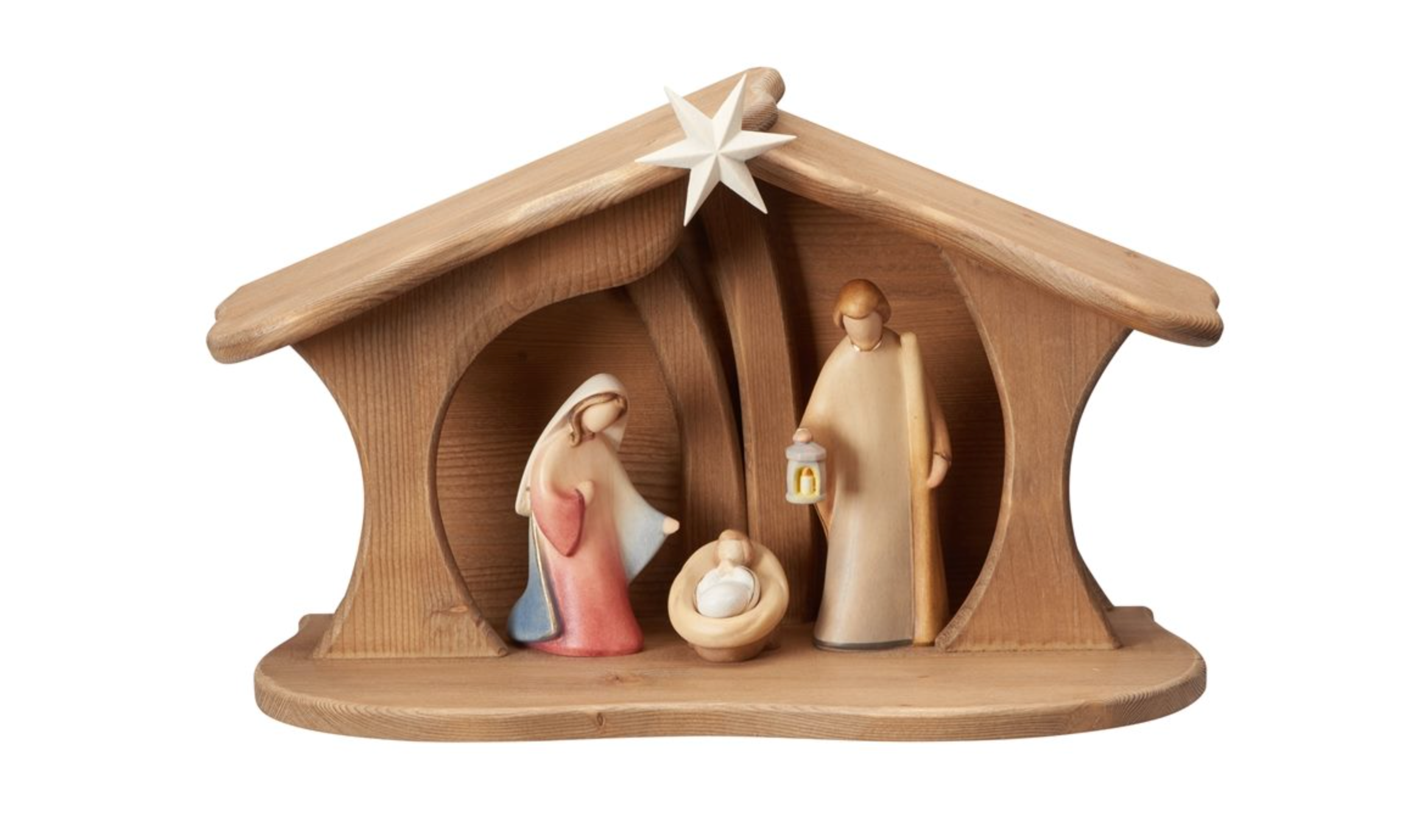 NOVU Nogal — Belén artesanal, 3 figuras color, madera de nogal