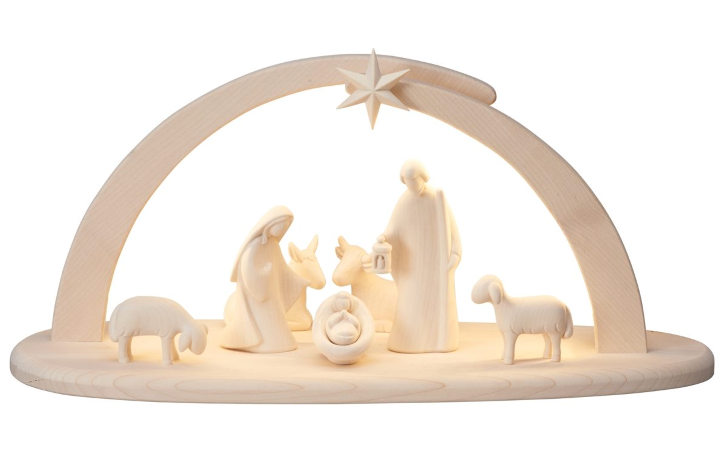 NOVU Nogal — Belén artesanal con luz, 7 figuras, arco de madera