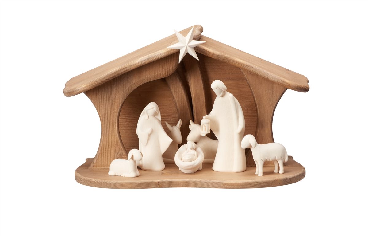 NOVU Nogal — Belén artesanal, 7 figuras, madera de nogal.