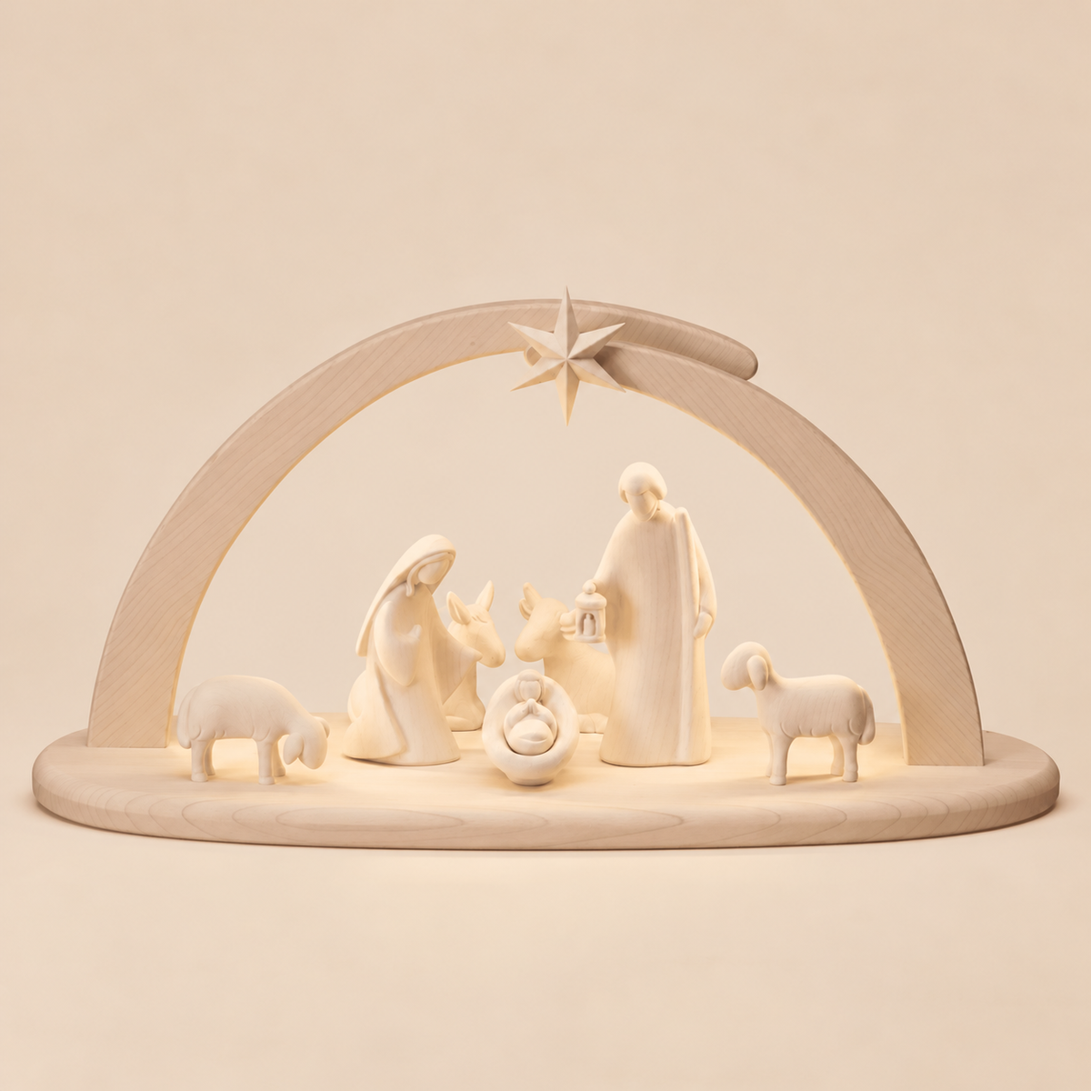 Crèche de Noël moderne en bois avec arche et lumière – 7 figurines, bois naturel