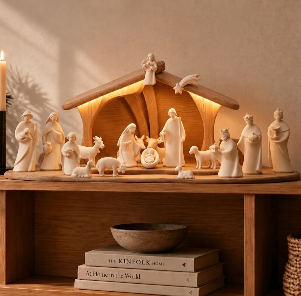 Crèche de Noël moderne en bois avec lumière – 18 figurines, bois naturel