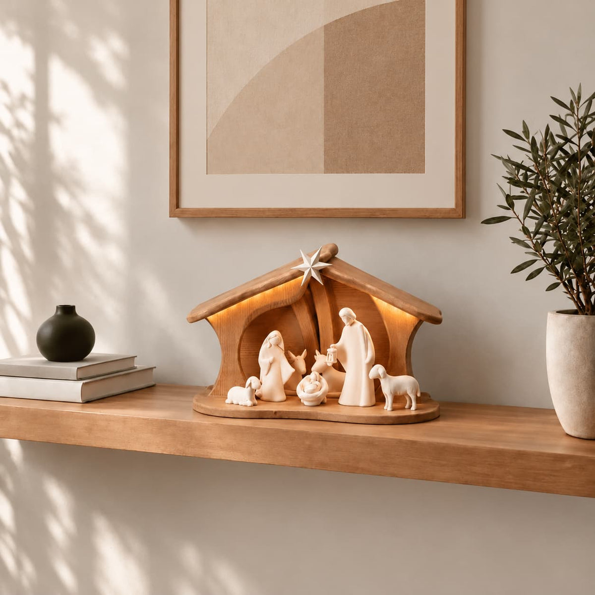 Crèche de Noël moderne en bois avec lumière – 7 figurines, bois naturel