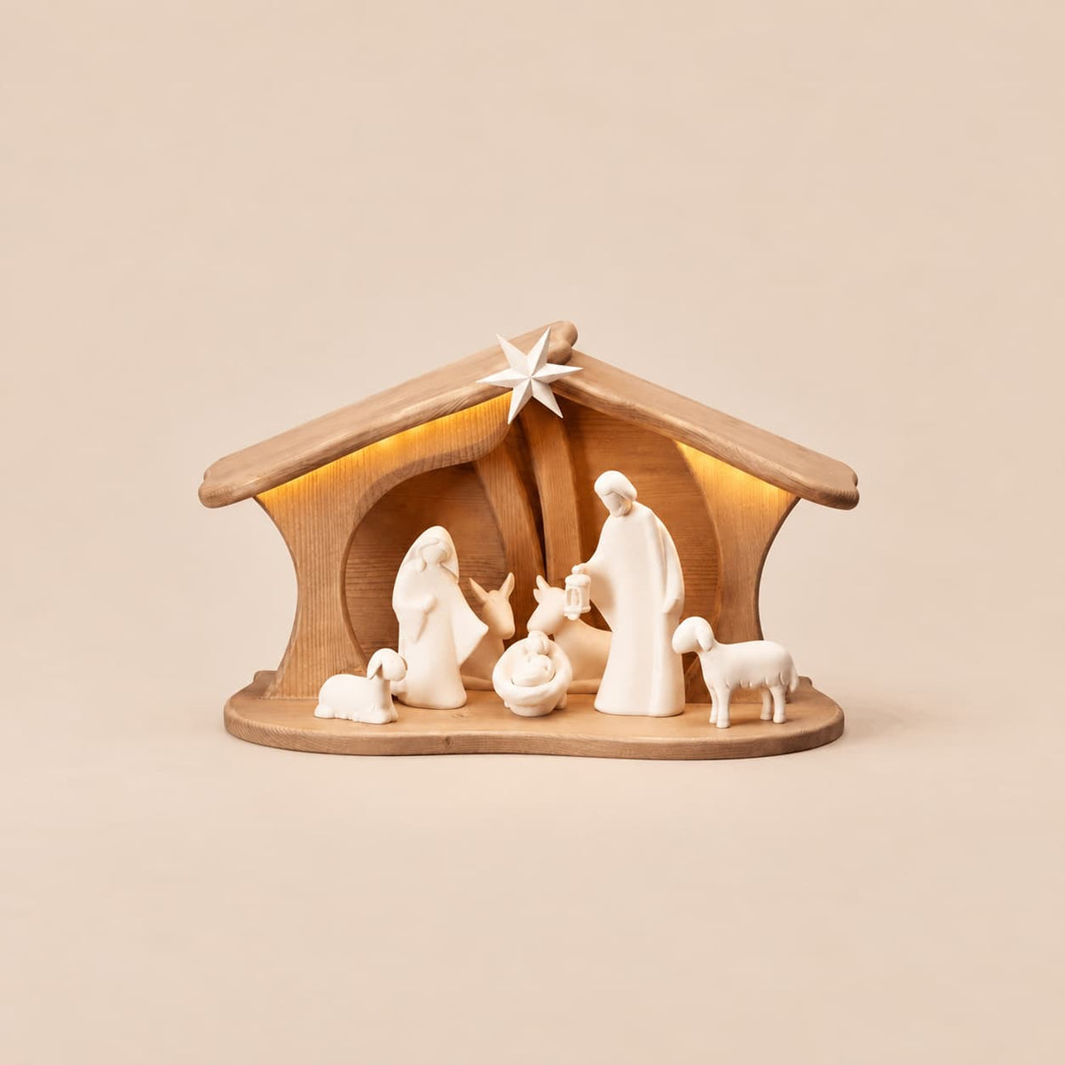 Crèche de Noël moderne en bois avec lumière – 7 figurines, bois naturel