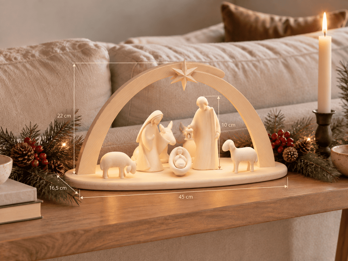 Belén artesanal con luz, 7 figuras, con arco.