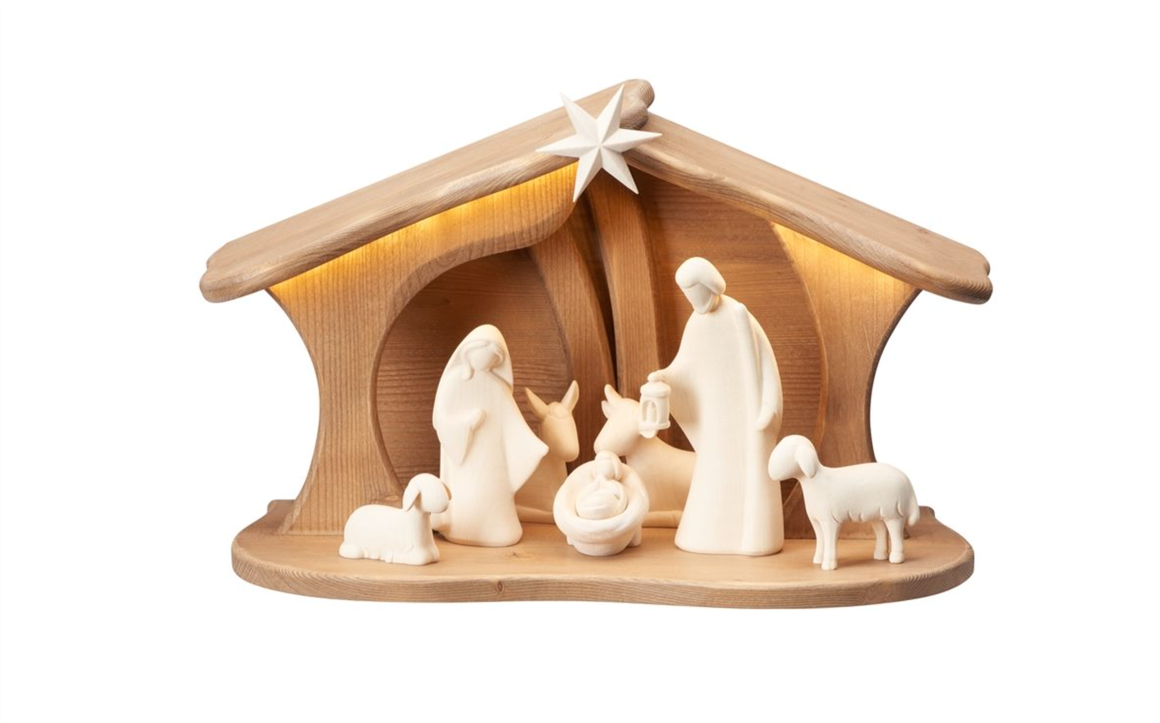 NOVU Nogal — Belén artesanal con luz, 7 figuras, madera de nogal.