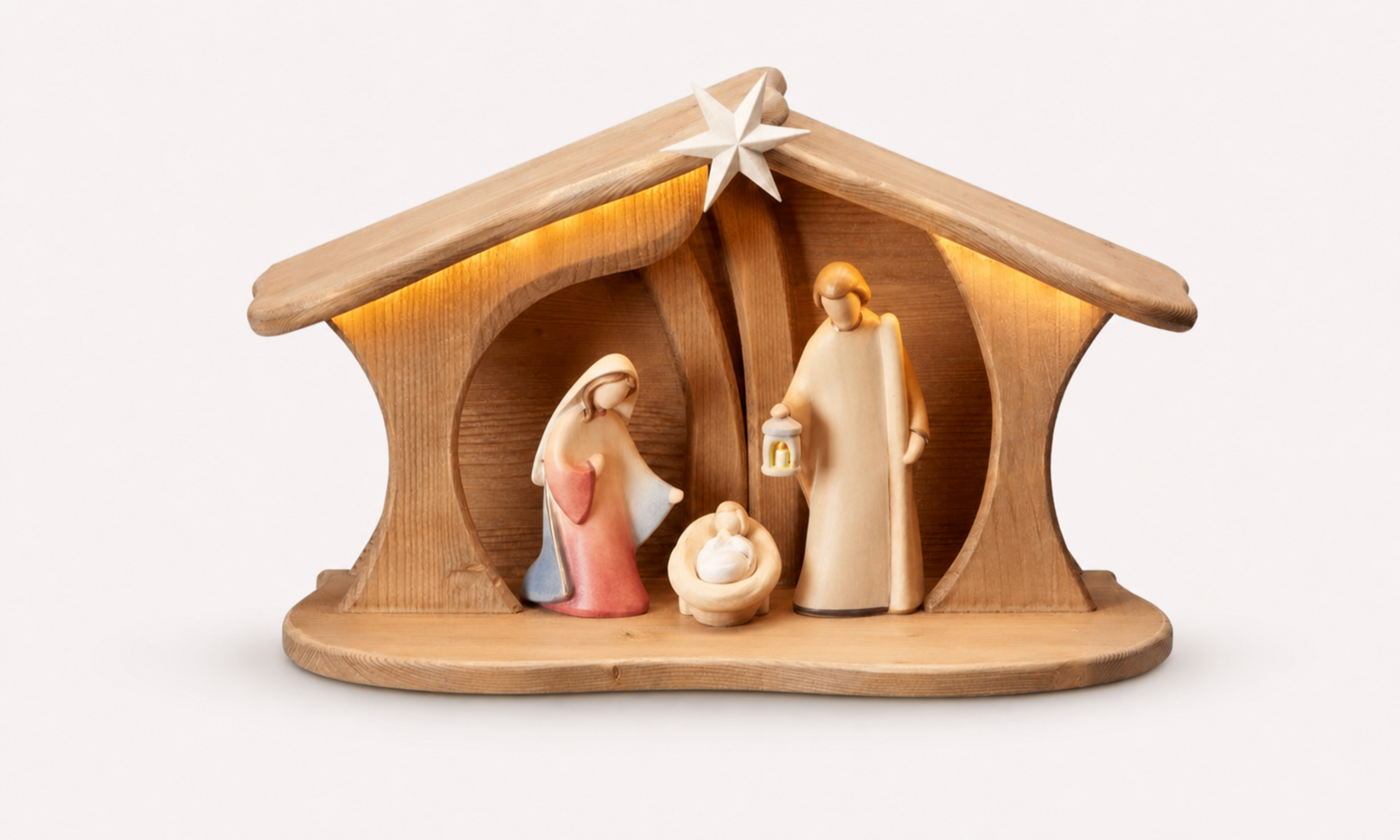 NOVU Nogal — Belén artesanal con luz, 3 figuras color, madera de nogal