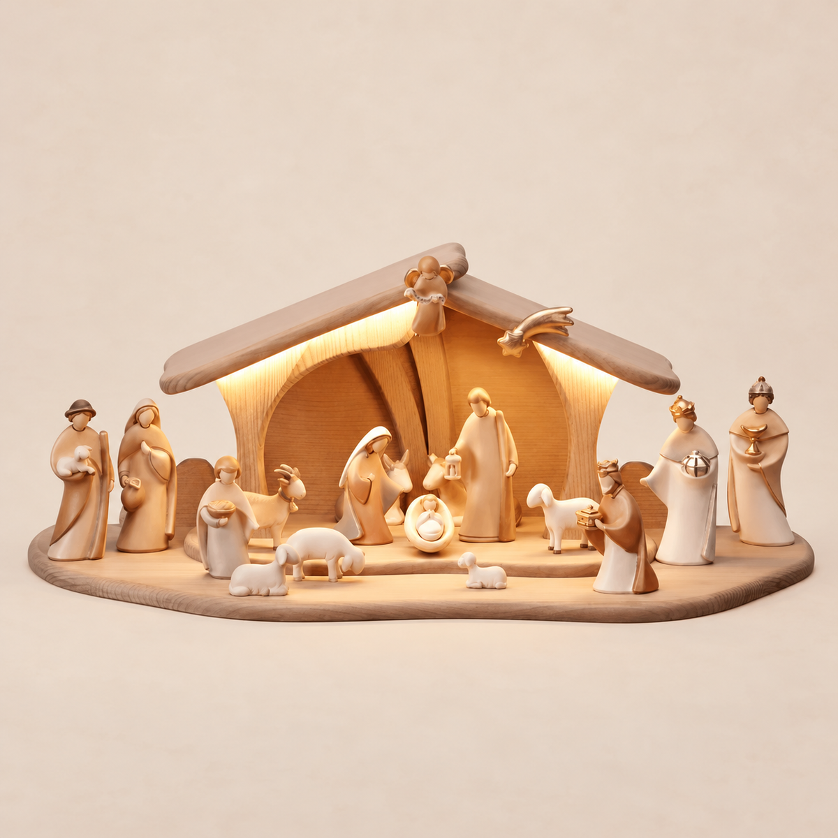 Crèche de Noël moderne en bois avec lumière – 18 figurines, peintes à la main
