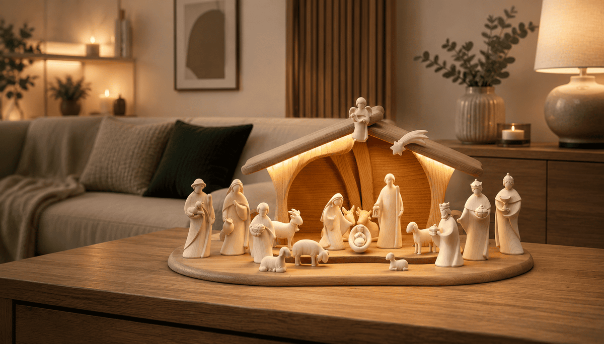Portal de belen moderno de madera con luz led