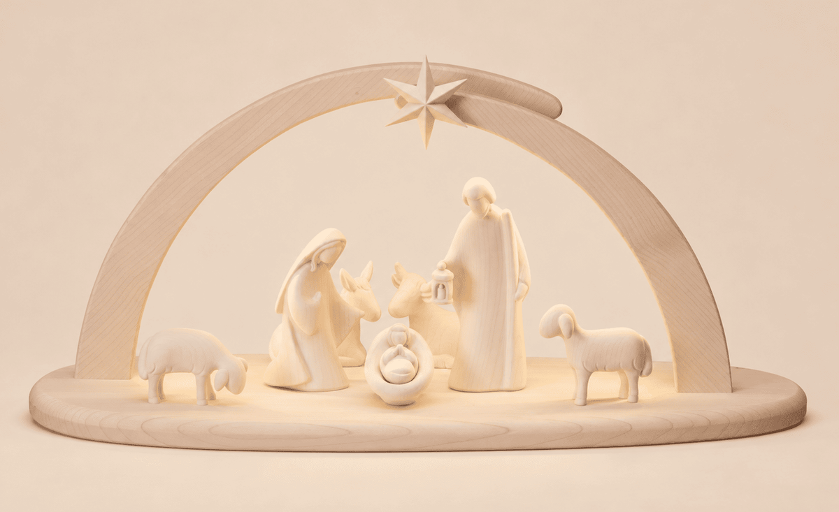 Belén artesanal con luz, 7 figuras, con arco.