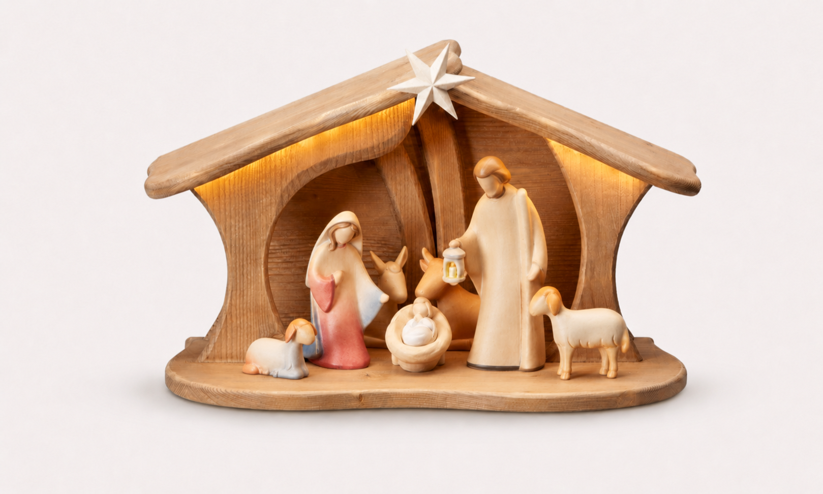 NOVU Nogal — Belén artesanal con luz, 7 figuras color, madera de nogal.